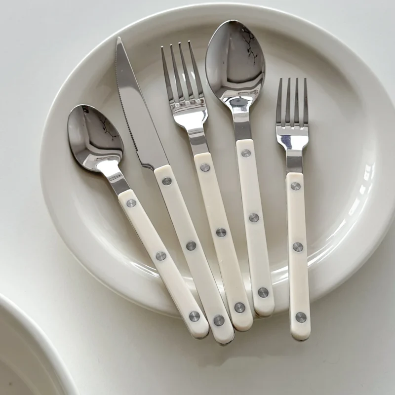 Colorful 316 Stainless Steel Western Cutlery Set, French Clasp Handle Steak Knives, Dessert Forks Spoons Flatware Collection