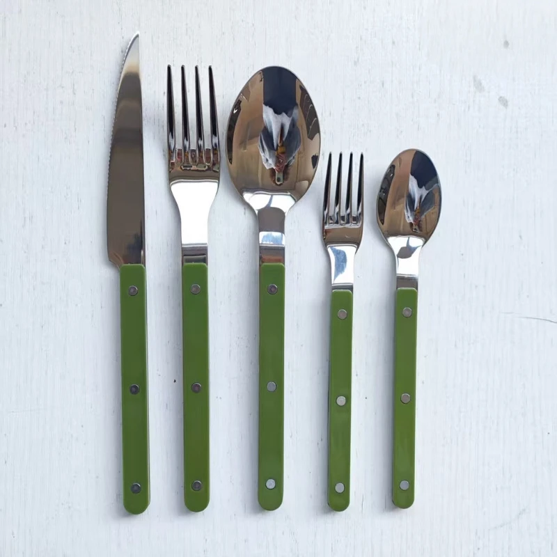 Colorful 316 Stainless Steel Western Cutlery Set, French Clasp Handle Steak Knives, Dessert Forks Spoons Flatware Collection