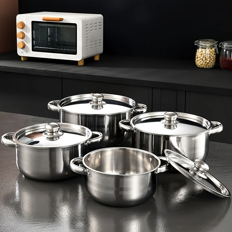 4pcs Stainless Steel Cookware Set with Heat Conduction Simmering Feature - Perfect for Soup, Noodles & More | Essential Kitchen