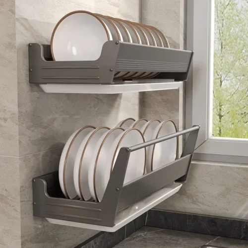 Sfa7476095c584da5baadb444fffc9c22L.webp Bowl Plate Drying Shelf Portable Kitchen Organizer Wall Mounted Dish Drainer Rack Kitchen Storage Shelves Tableware Holder