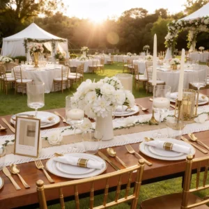 Sfac4634e85af4c85af532f5581d603c5w.webp 350Piece Gold Dinnerware Set for 50 Guests - Gold Plastic Plates with Disposable Cutlery Include:50Dinner Plates-50Dessert Plate