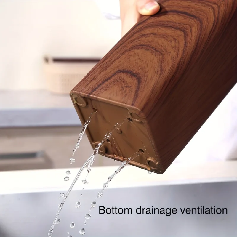 Sfe99f0795344412dbf1fed5af892a6daf.webp 1pc New PP Home Kitchen Knife Block Holder Rack Stands with Wood Grain Surface and Rubber Plastic Coating for Kitchen Storage
